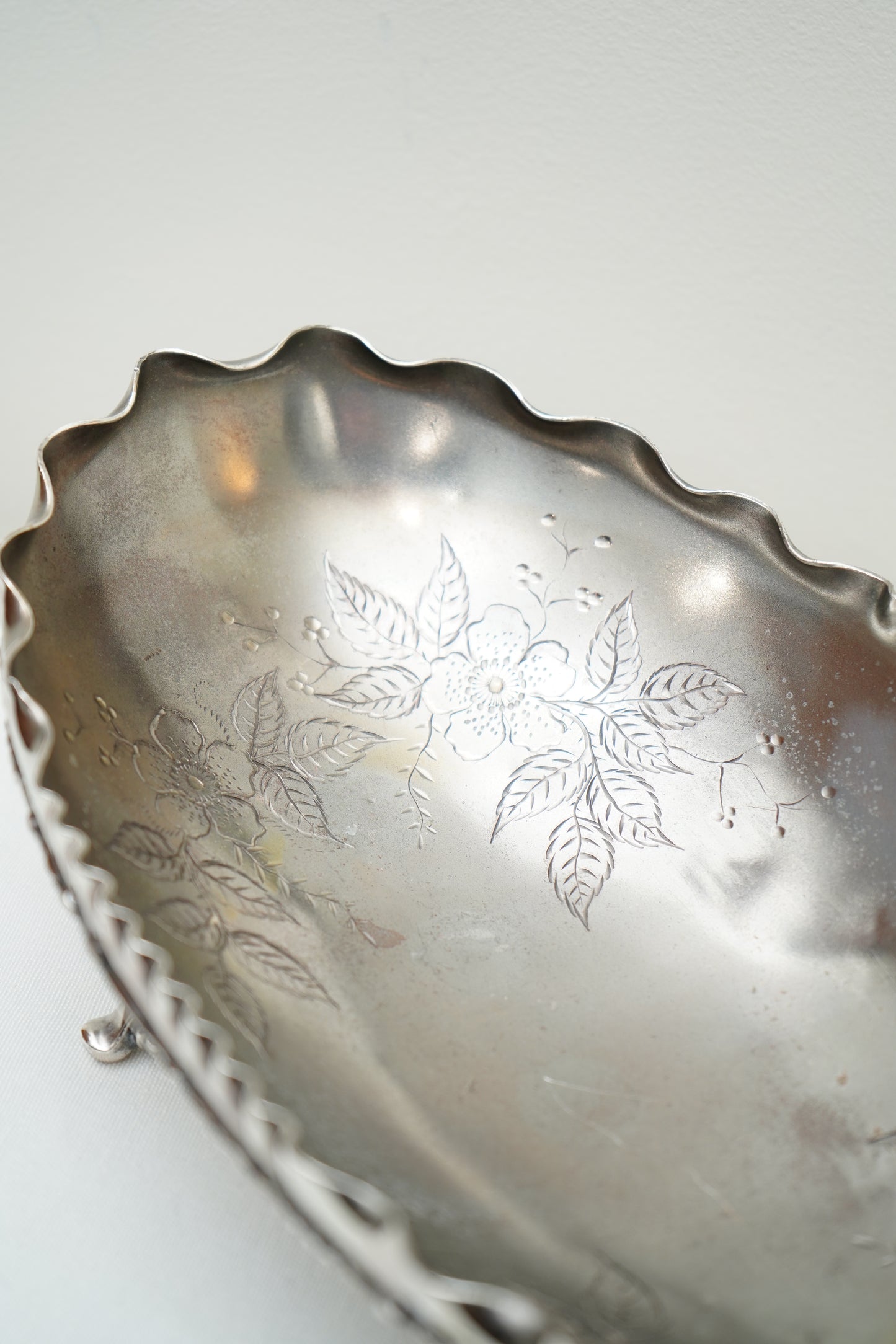 Antique Crescent Quadruple Silver Plate Footed Oval Bowl
