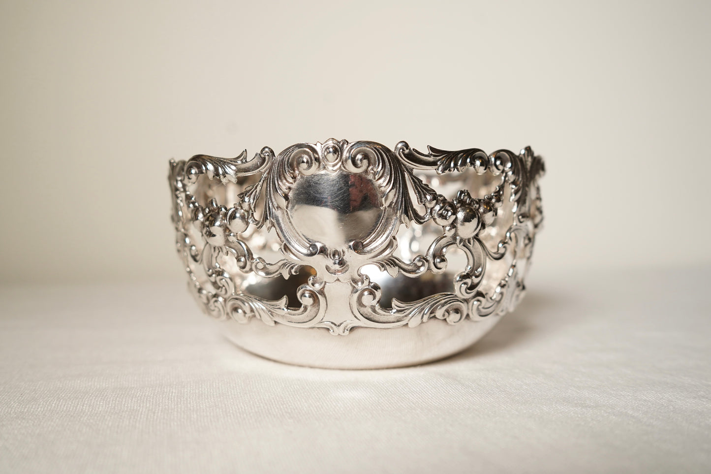 Antique Sterling Silver Rococo Revival Reticulated Bowl with Monogram, American Gilded Age Circa 1890