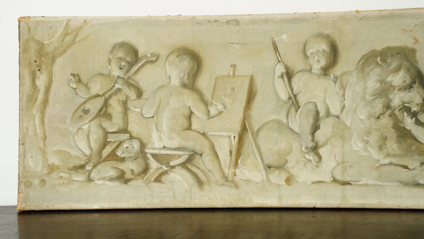 Antique Belgian Cherub Oil Painting, Putti and Lion Grisaille Panel