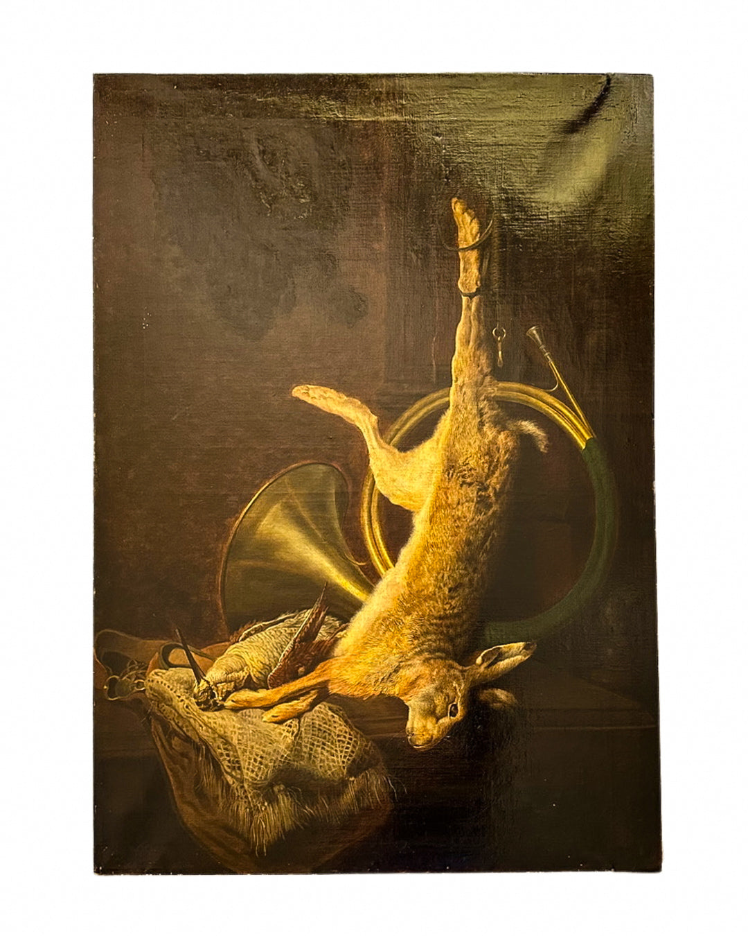 19th Century Game Hunt Rabbit Oil Painting, Large Unframed European Hunt Old Masters Oil Painting