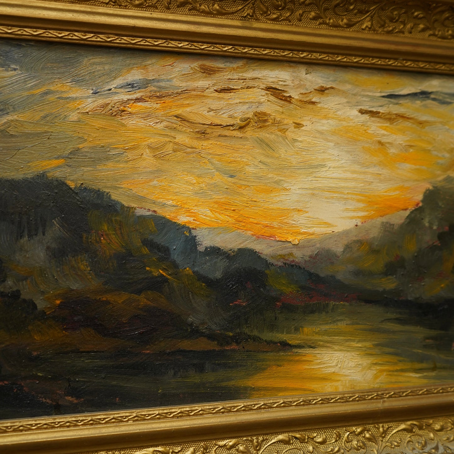 Early 20th Century Impressionist Oil Painting | Sunset Over River Valley in Gilt Frame