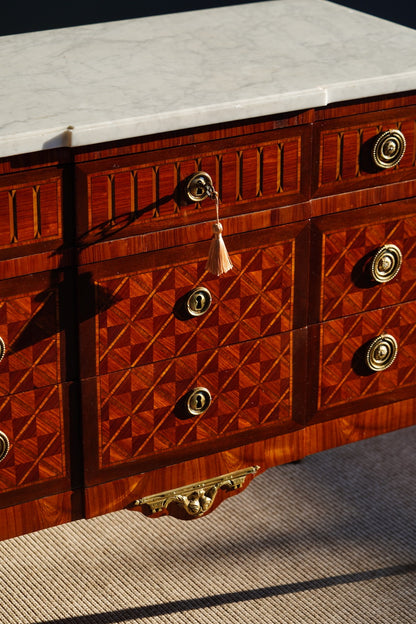Antique French Louis XVI Parquetry Commode with Marble Top