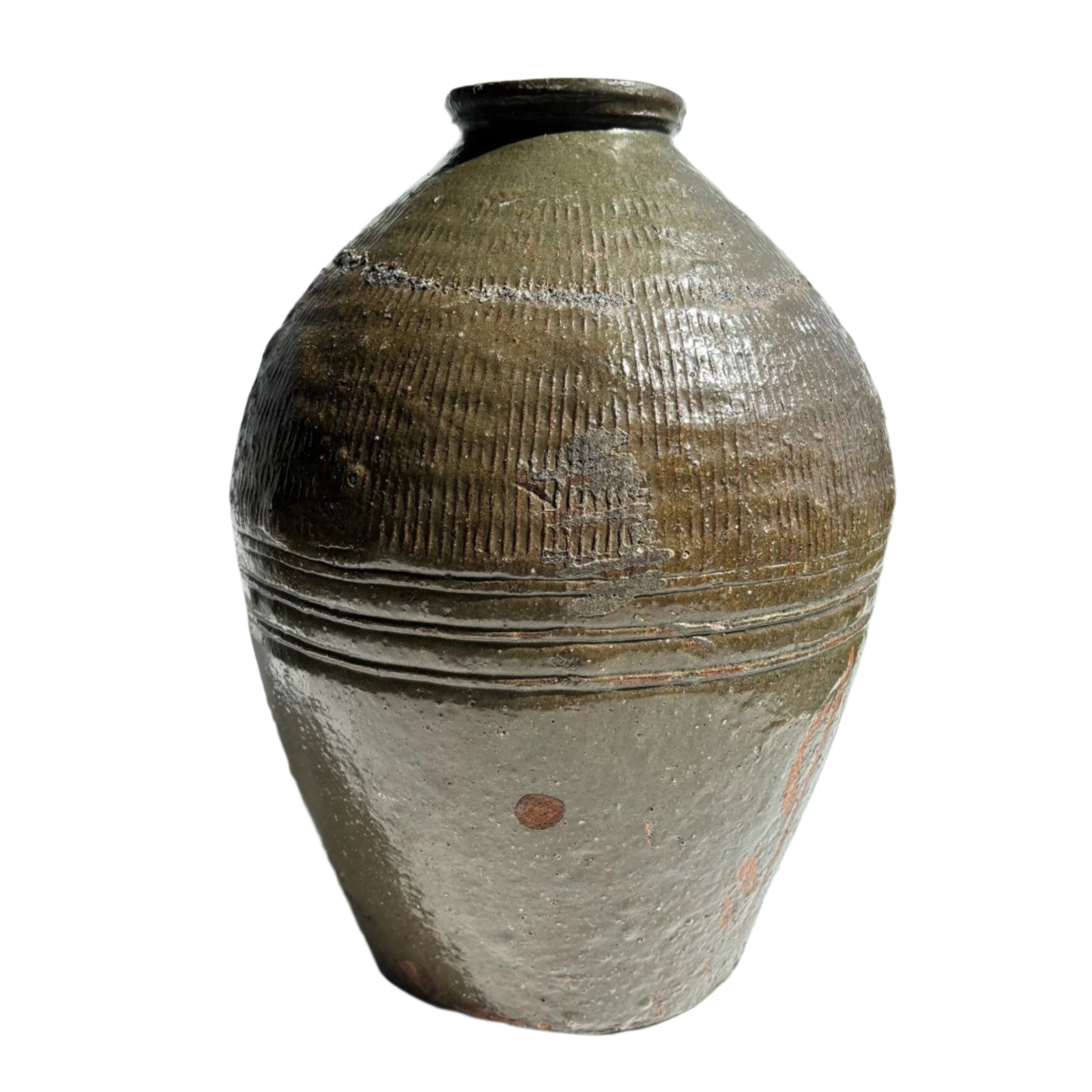 Vintage Chinese Stoneware Oil Jar with Ash Glaze, Rustic Pottery Vessel, 14.25 Inches