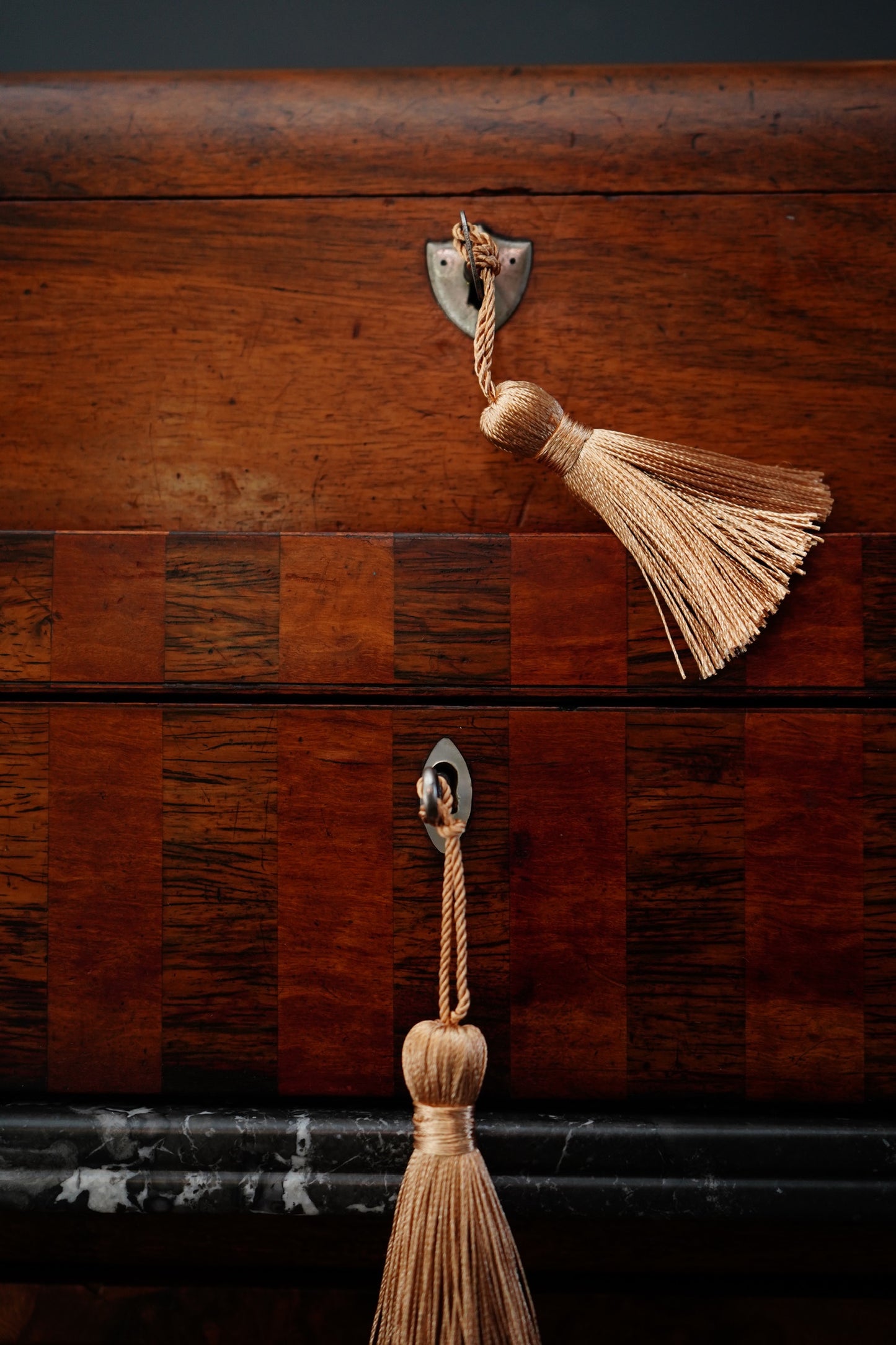 Antique English Dome-Top Walnut Veneer Jewelry or Stationery Box with Key, c. 1880–1910