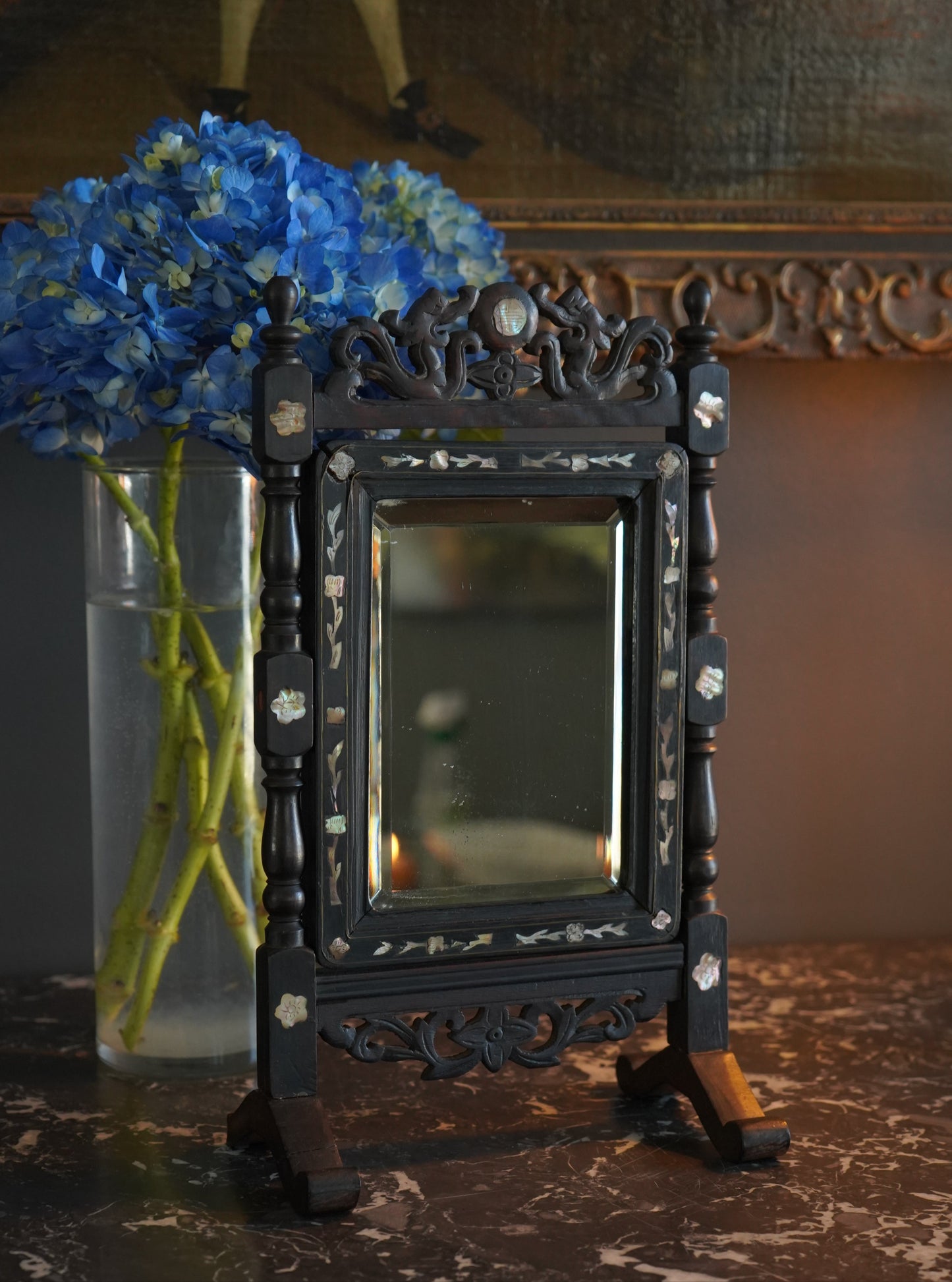 Antique Ebonized Wood & Mother-of-Pearl Vanity Tabletop Mirror