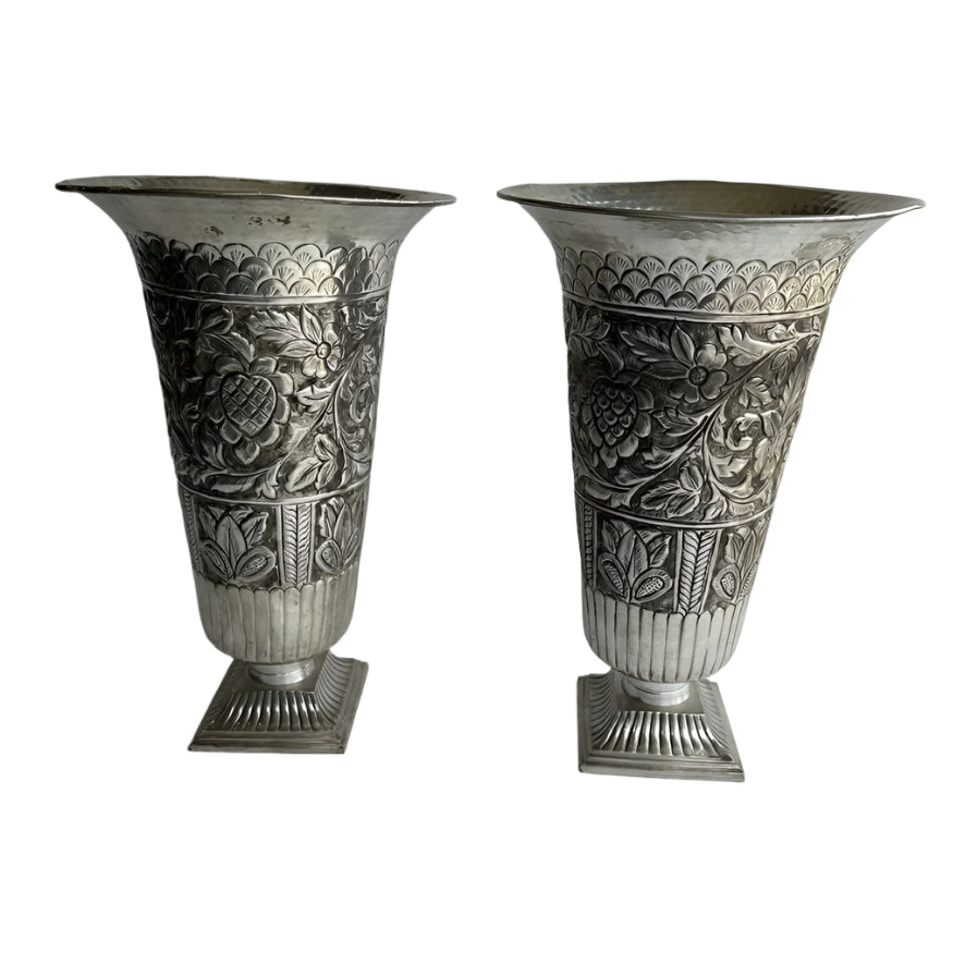 Large Pair of Vintage Silver Plated Repousse Urns