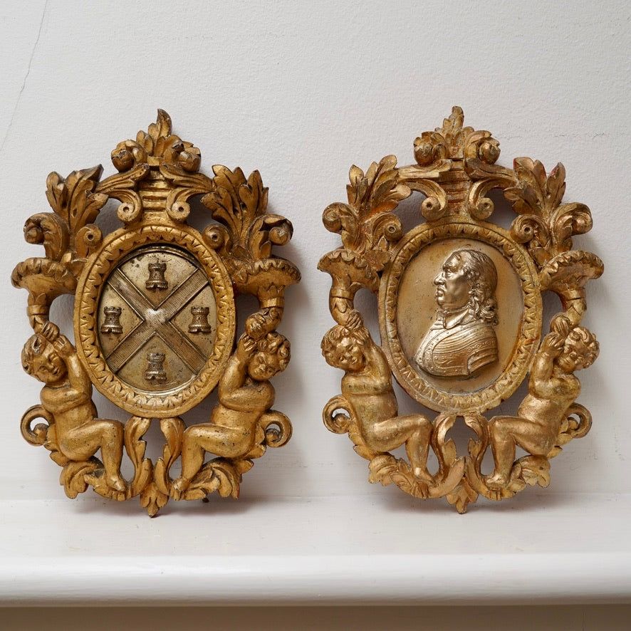 Pair of Giltwood Wall Plaques after William Wetmore Story (c. 1860–80) – Neo-Classical Portrait & Armorial