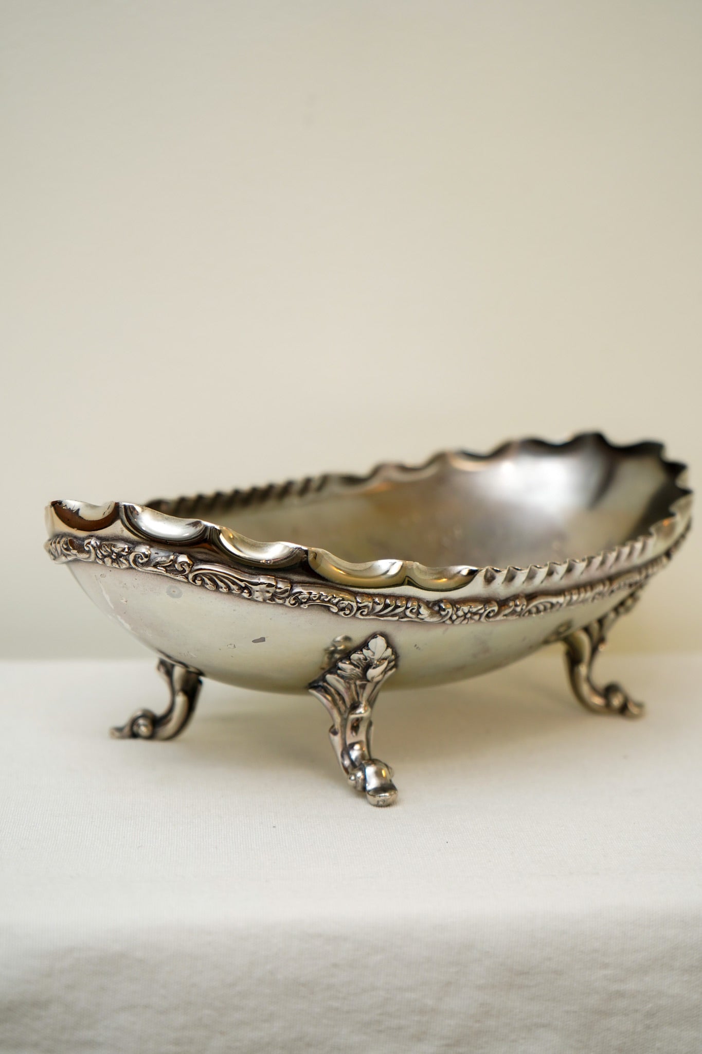 Antique Crescent Quadruple Silver Plate Footed Oval Bowl