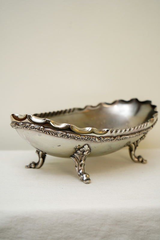 Antique Crescent Quadruple Silver Plate Footed Oval Bowl