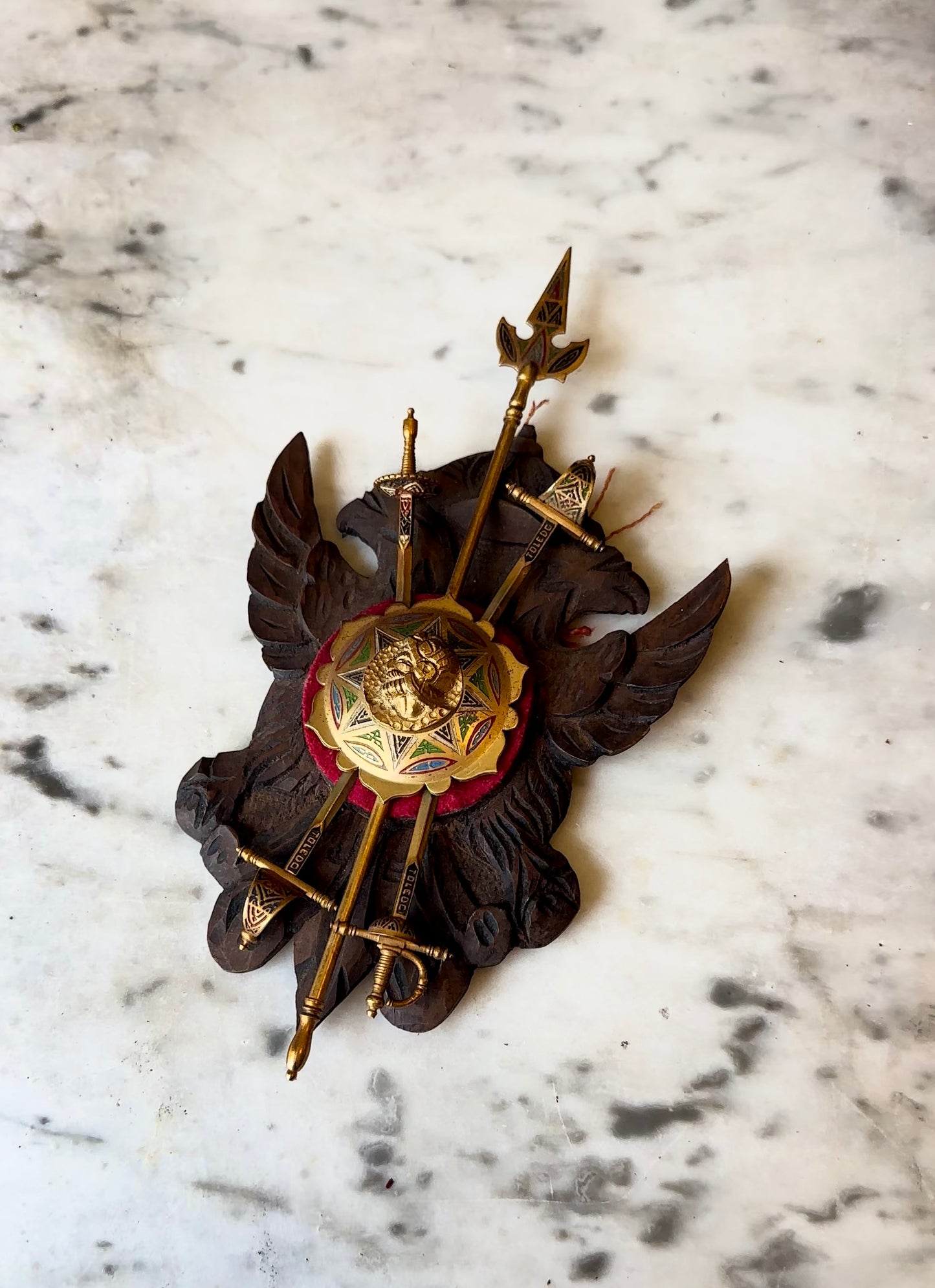 Vintage Spanish Toledo Miniature Wall Plaque | Hand-Carved Heraldic Crest