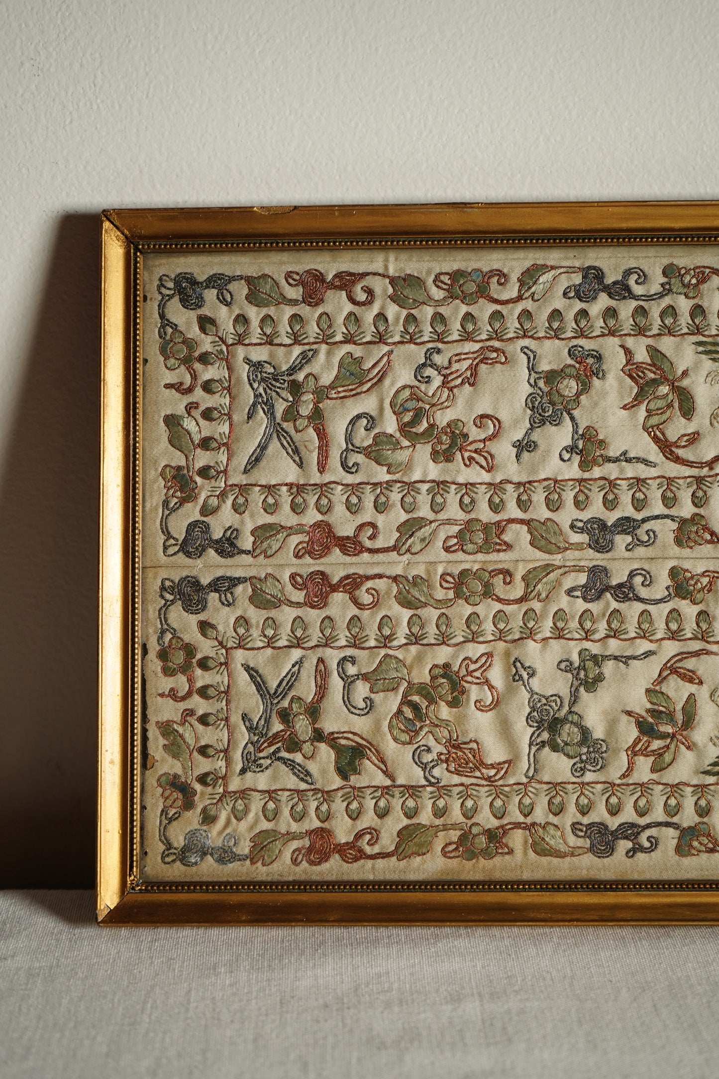 Antique European Chinoiserie Silk Embroidery on Satin