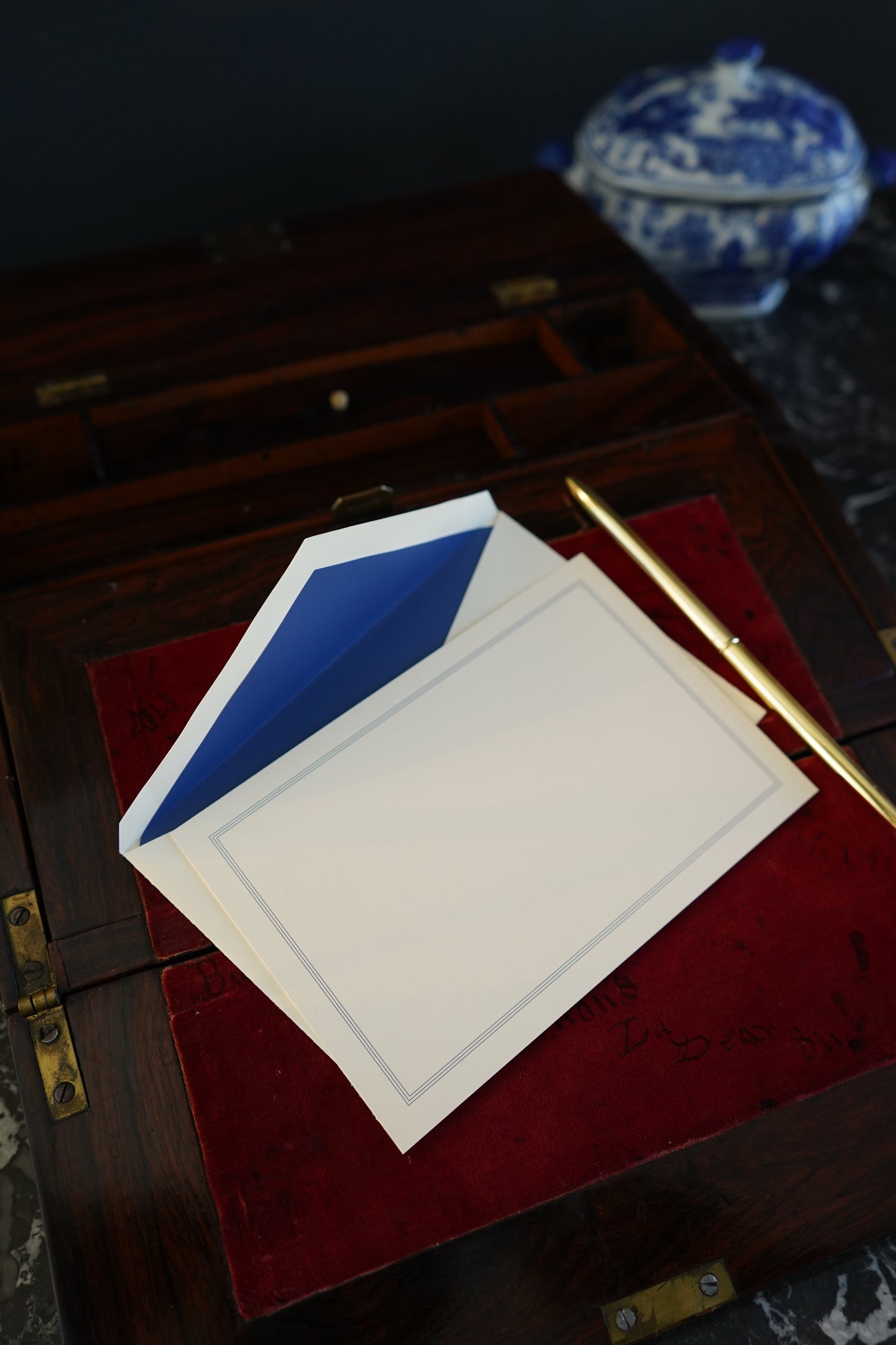 Antique Rosewood Writing Slope with Velvet Writing Surface and Inscriptions, Mid-19th Century