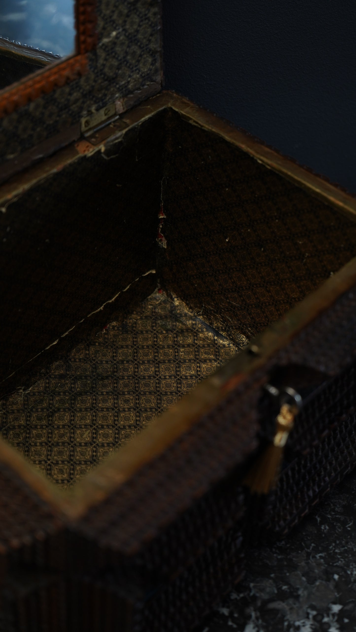 Antique Tramp Art Sewing Box with Drawers and Mirror, Hand-Carved Folk Art Keepsake Chest, Late 19th Century