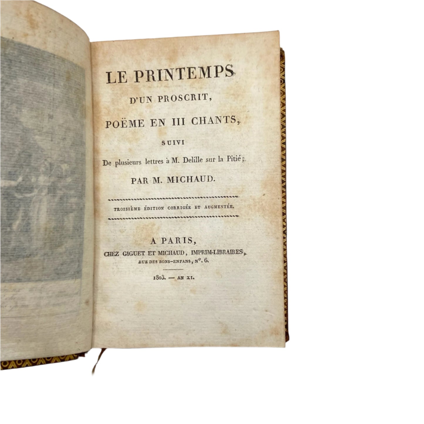 Antique 1803 French Poetry Book Le Printemps d’un Proscrit by Michaud | Fine Calf Leather Binding with Marbled Endpapers
