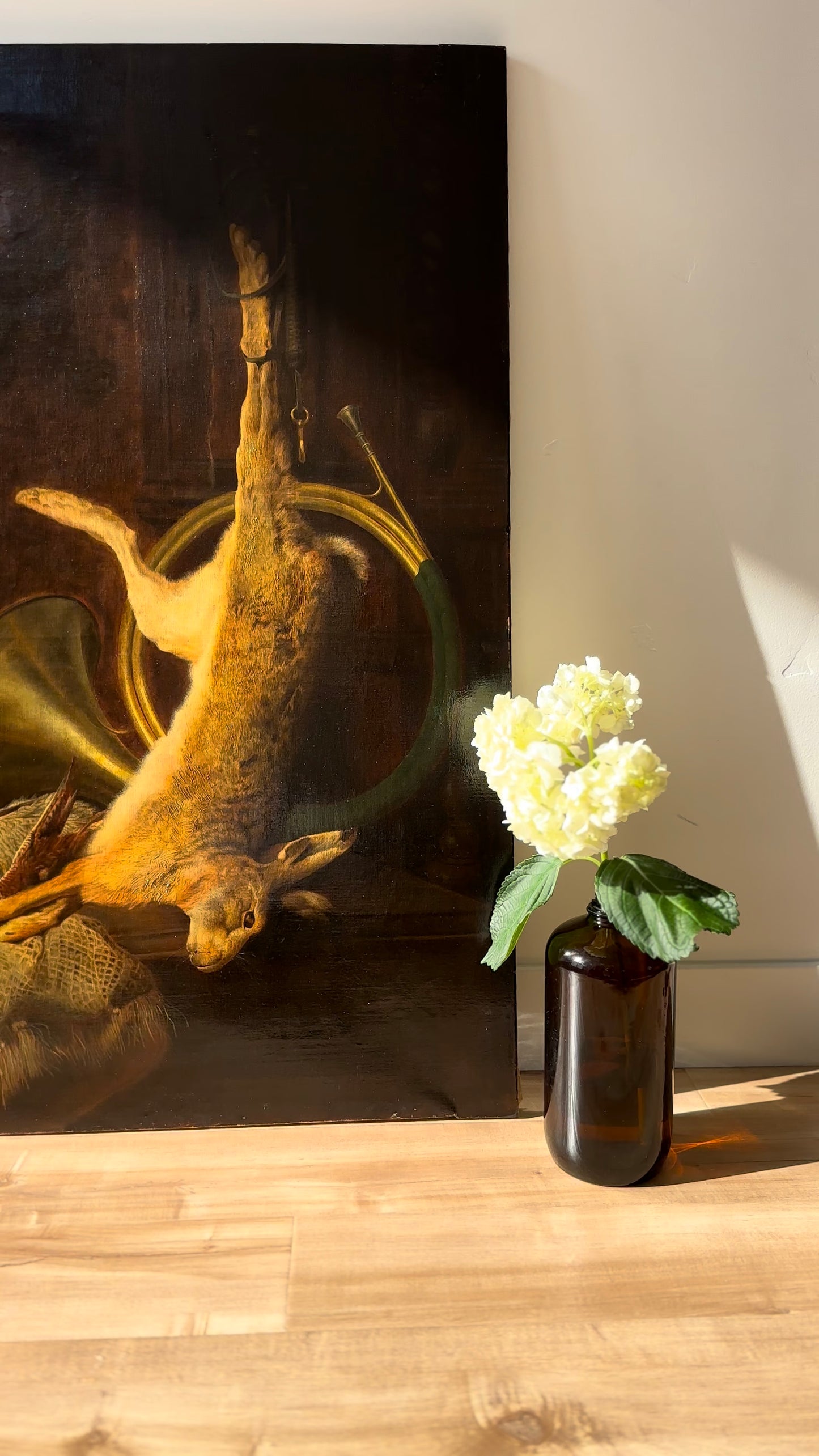 19th Century Game Hunt Rabbit Oil Painting, Large Unframed European Hunt Old Masters Oil Painting