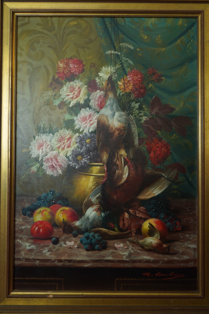 Signed Still-Life with Game Birds, Fruit, and Floral Urn Attributed to Max Albert Carlier (Belgian, 1872–1938)