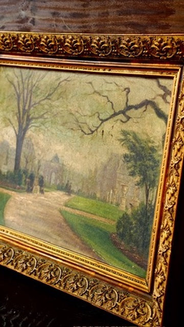 Antique Oil Painting Brussels Park Garden Scene
