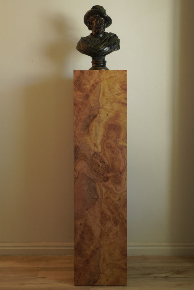 Tall Vintage Faux Burlwood Pedestal – Postmodern Display Plinth in the Style of Milo Baughman (1980s)