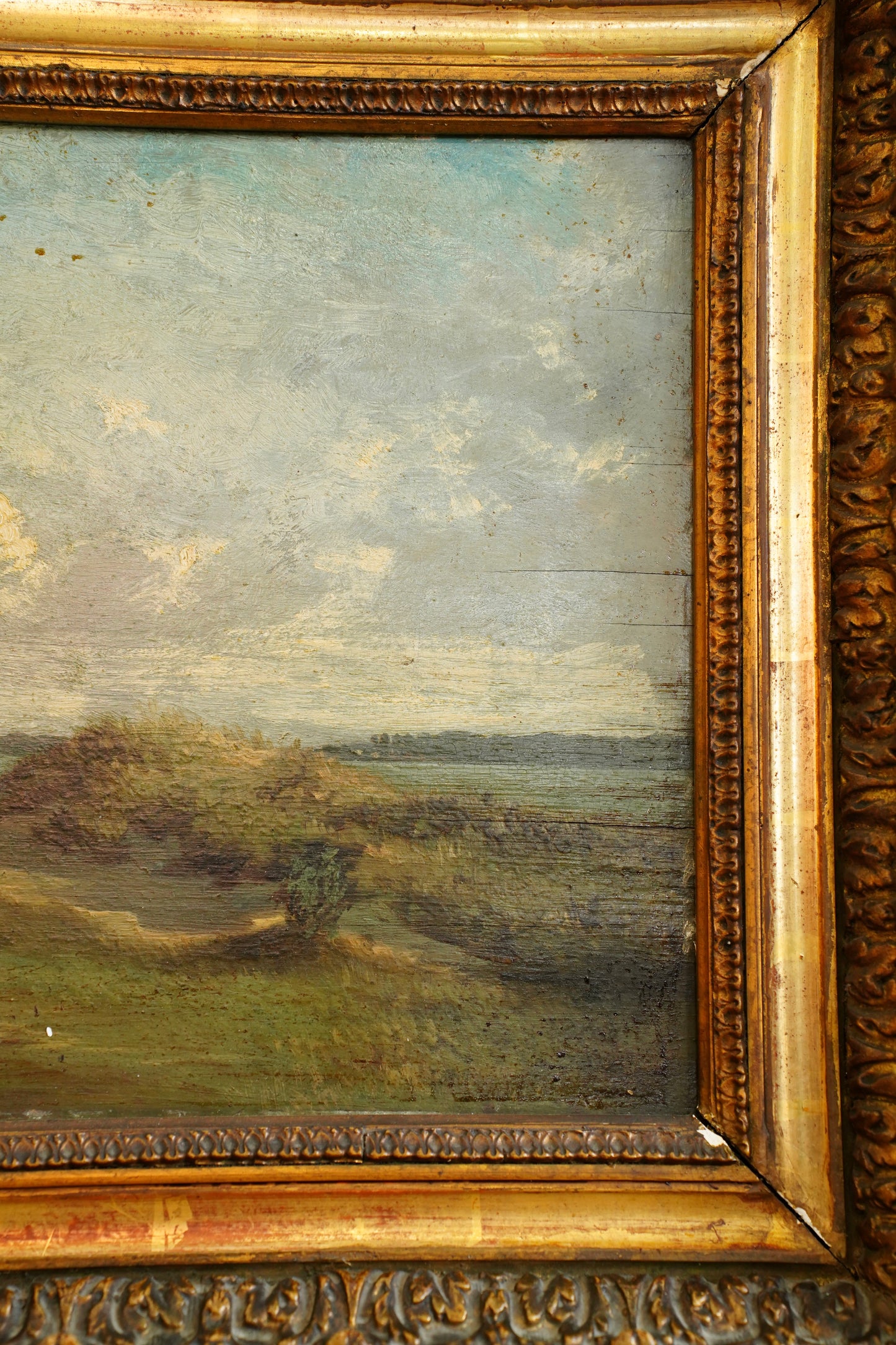Antique Signed French Windmill Landscape Oil Painting on Panel, Dated 1879