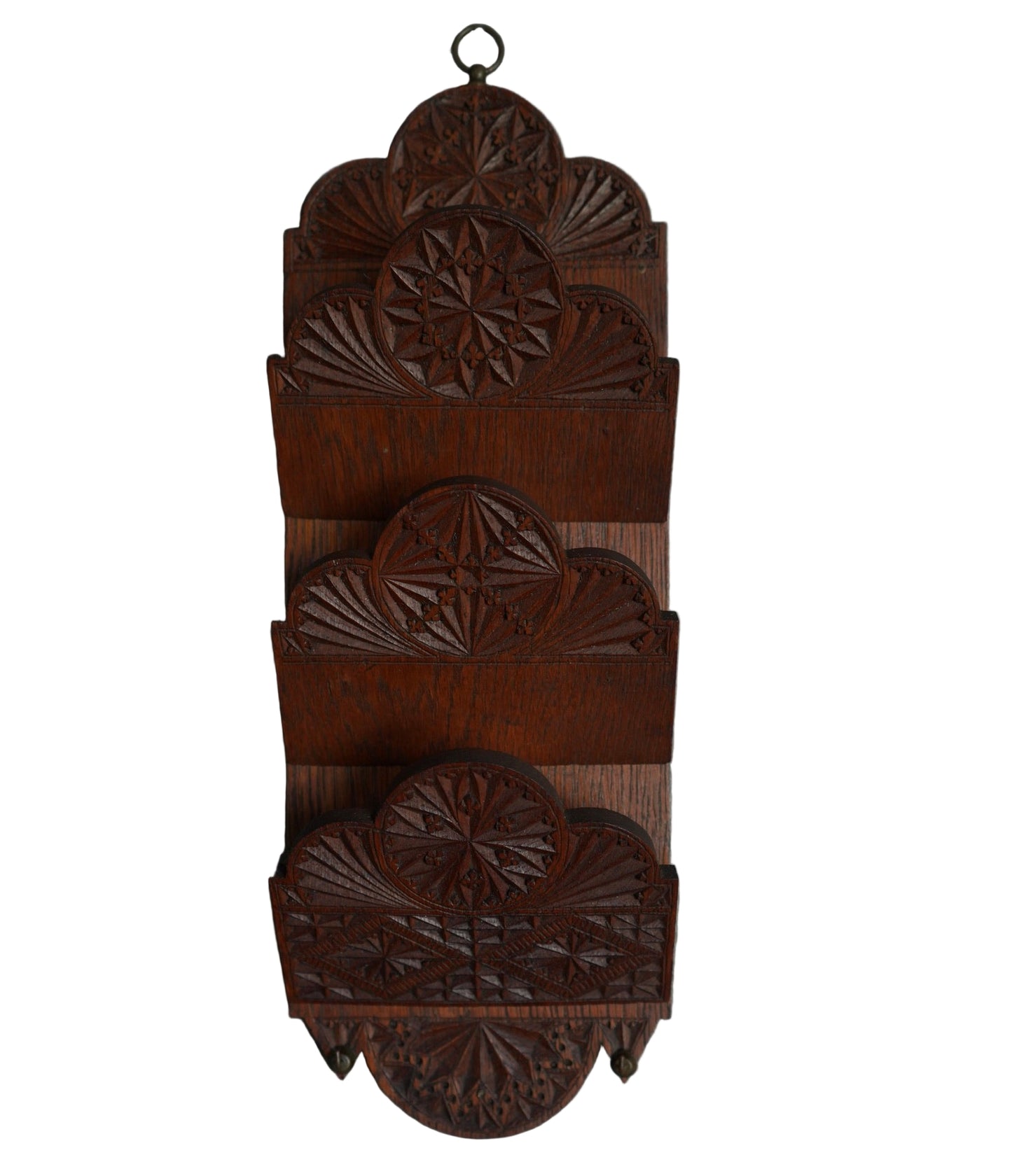 Antique Hand-Carved Oak Letter Rack with Key Hooks | Arts & Crafts Folk Carving c.1880–1910