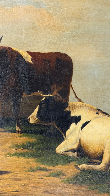 Antique Signed Dutch Oil Painting of Cows and Sheep in Meadow