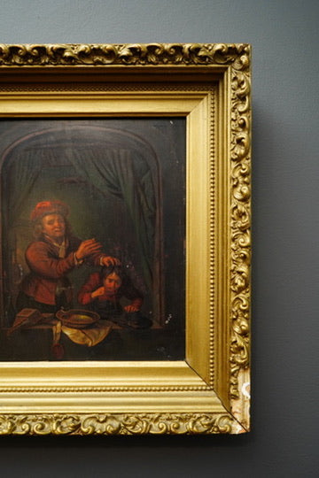 Antique Dutch Genre Oil on Metal Painting, “The Scholar” Pendant to “The Dentist”