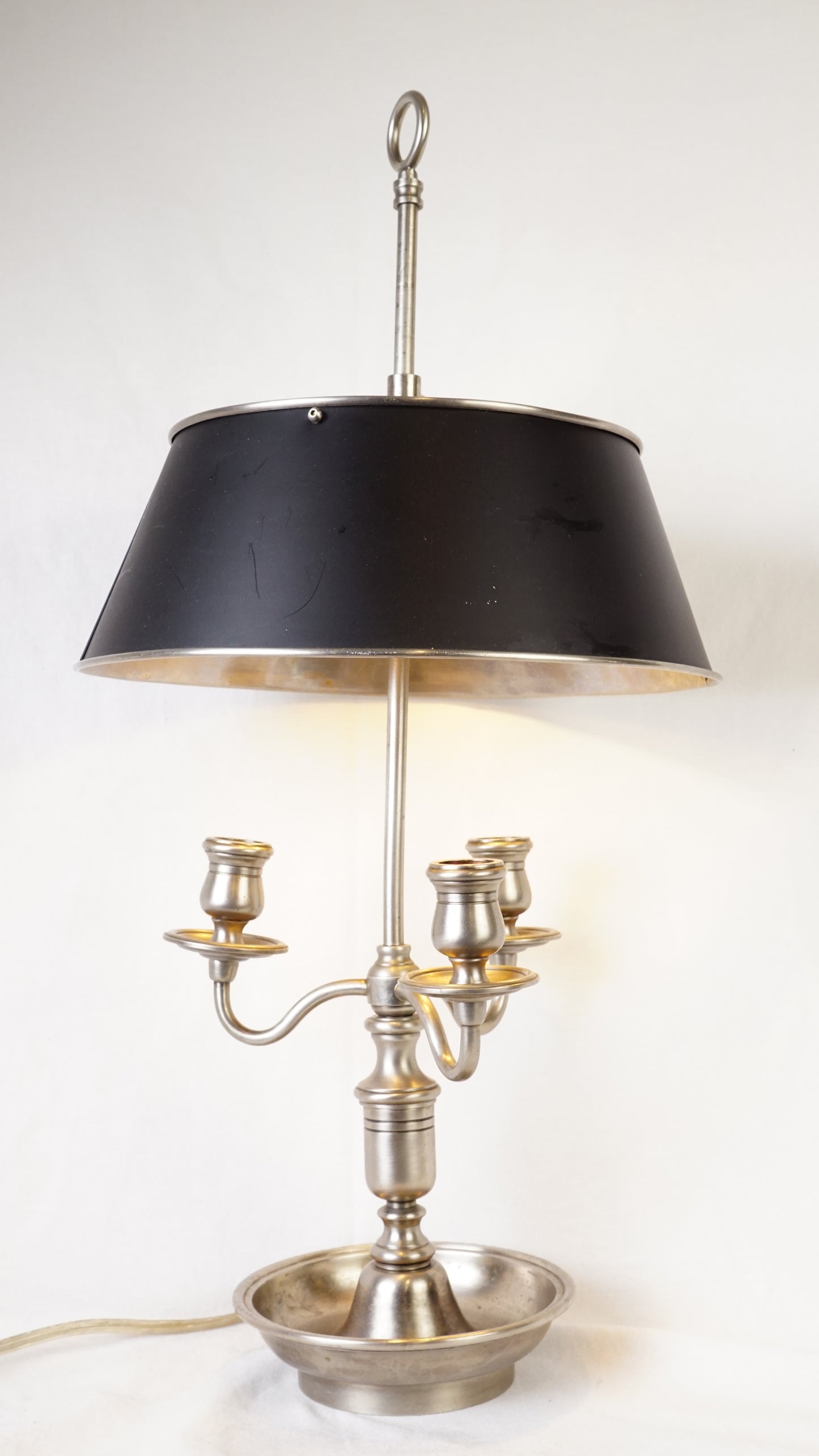 French Bouillotte Style Pewter-Toned Table Lamp with Adjustable Black Tole Shade