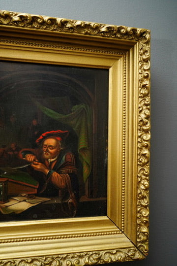 Antique Dutch Genre Oil on Metal Painting, “The Scholar” Pendant to “The Dentist”