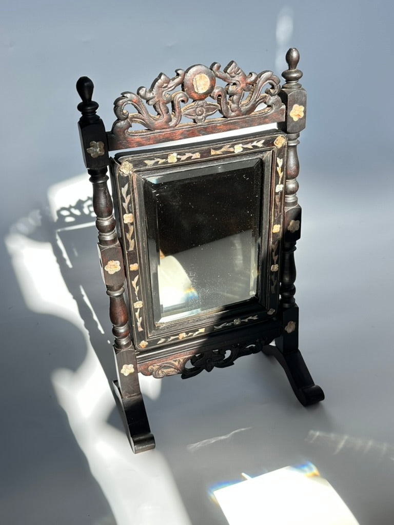 Antique Ebonized Wood & Mother-of-Pearl Vanity Tabletop Mirror