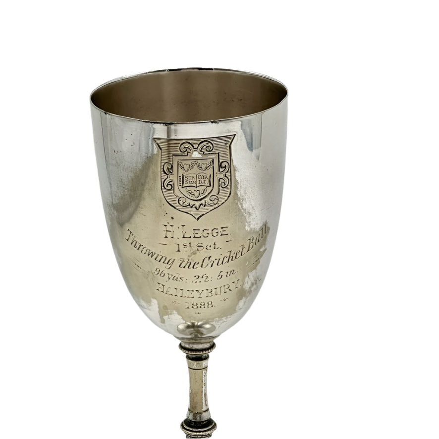 Antique English Silver Plated Trophy Goblet, "Haileybury College Throwing Cricket Ball Trophy Victorian 1888"