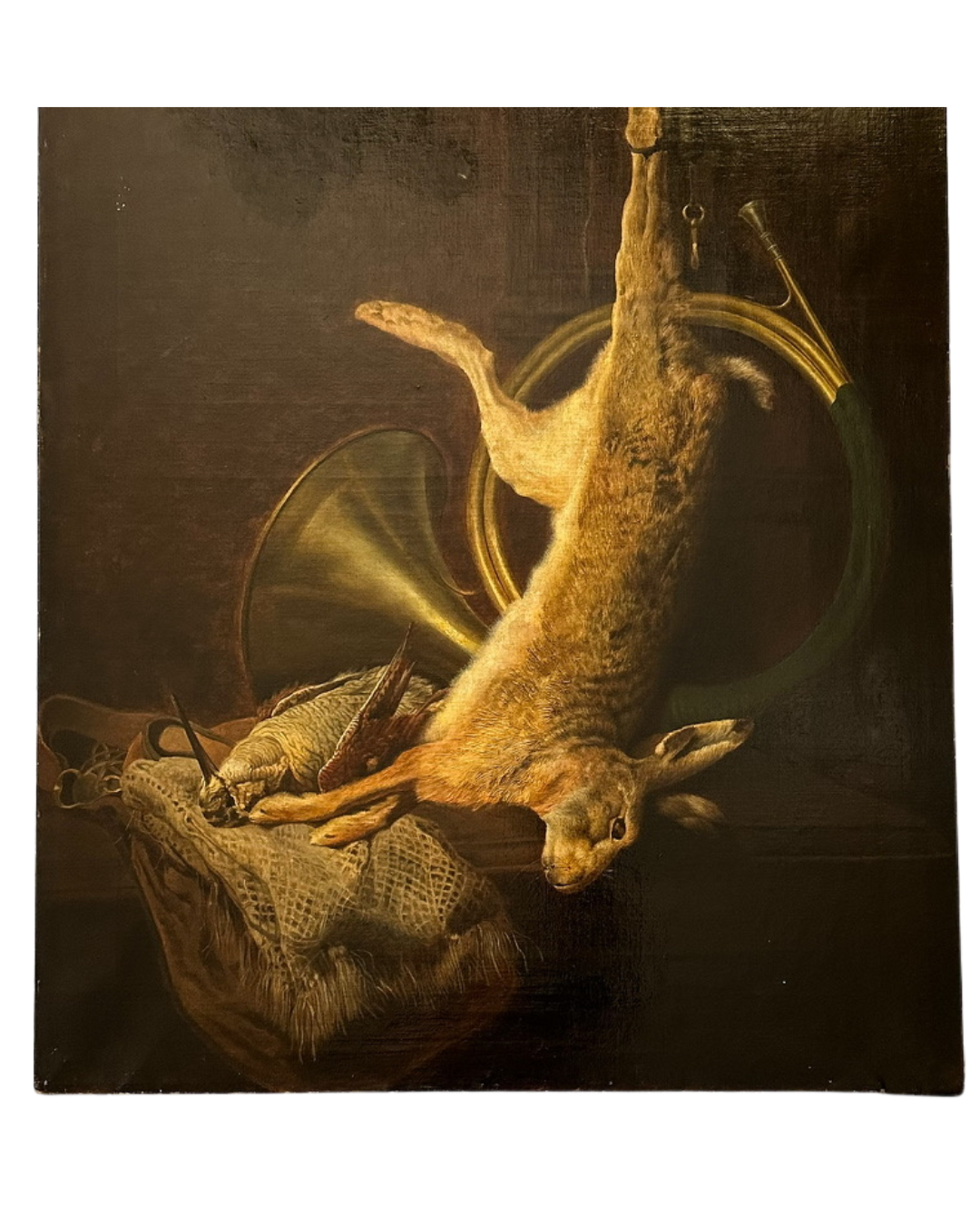 19th Century Game Hunt Rabbit Oil Painting, Large Unframed European Hunt Old Masters Oil Painting