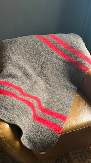 Mid-Century Wool Camp Blanket by Baron Woolen Mills in Grey with Red Stripes