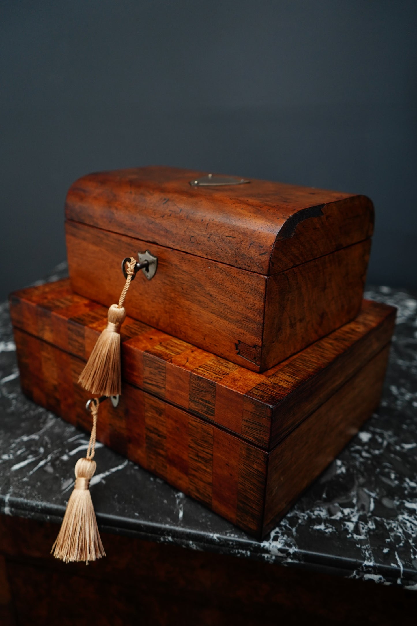 Antique English Dome-Top Walnut Veneer Jewelry or Stationery Box with Key, c. 1880–1910