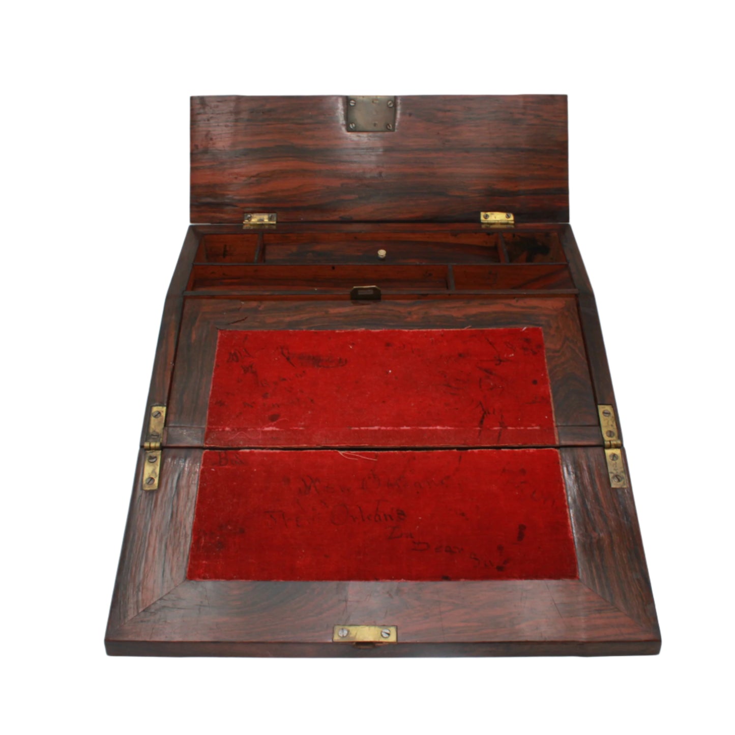 Antique Rosewood Writing Slope with Velvet Writing Surface and Inscriptions, Mid-19th Century