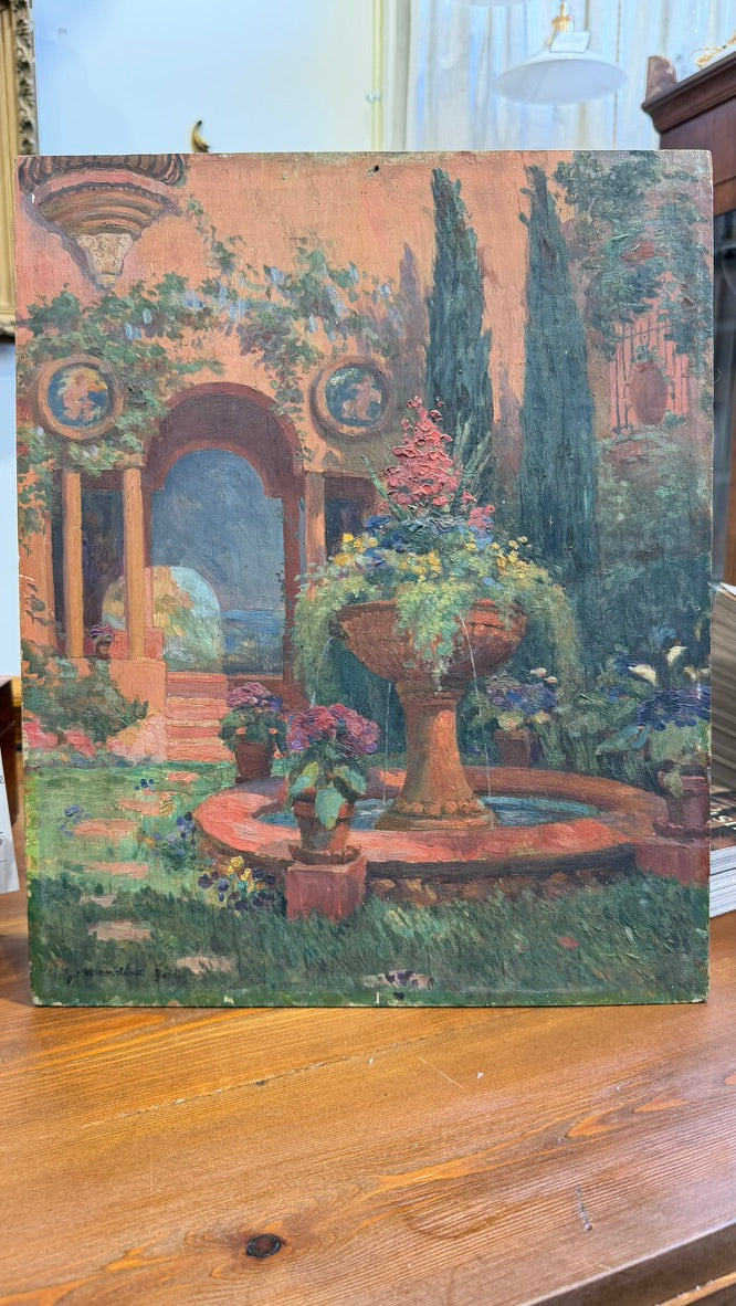 Signed Garden Fountain Oil Painting, Unframed