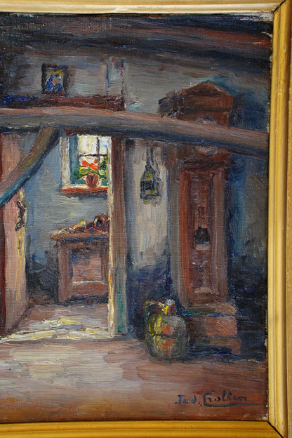 Vintage Flemish Interior Oil Painting, Cottage Doorway with Geranium