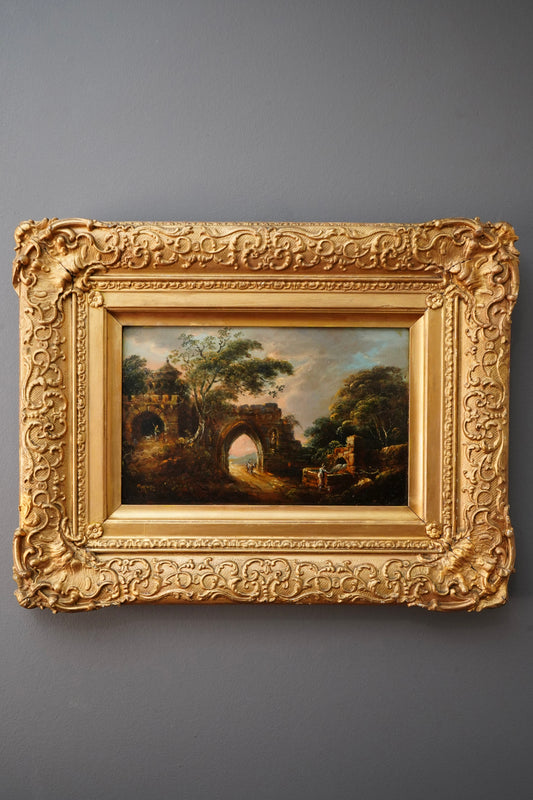 Antique English Ruins Landscape Oil Painting in Gilt Frame