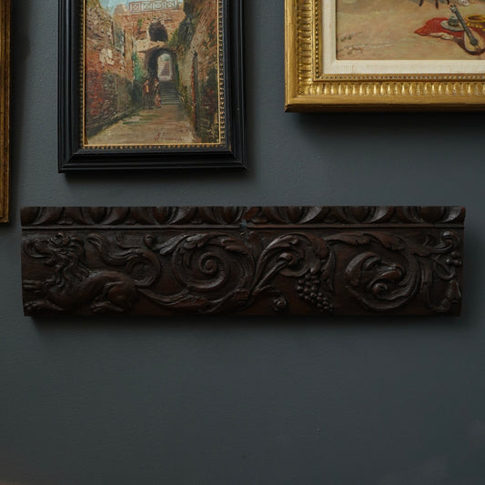 Antique Carved Oak Drawer Front | Renaissance Revival Lion, Grapevine & Acanthus | Architectural Salvage Wall Plaque c.1870–1900