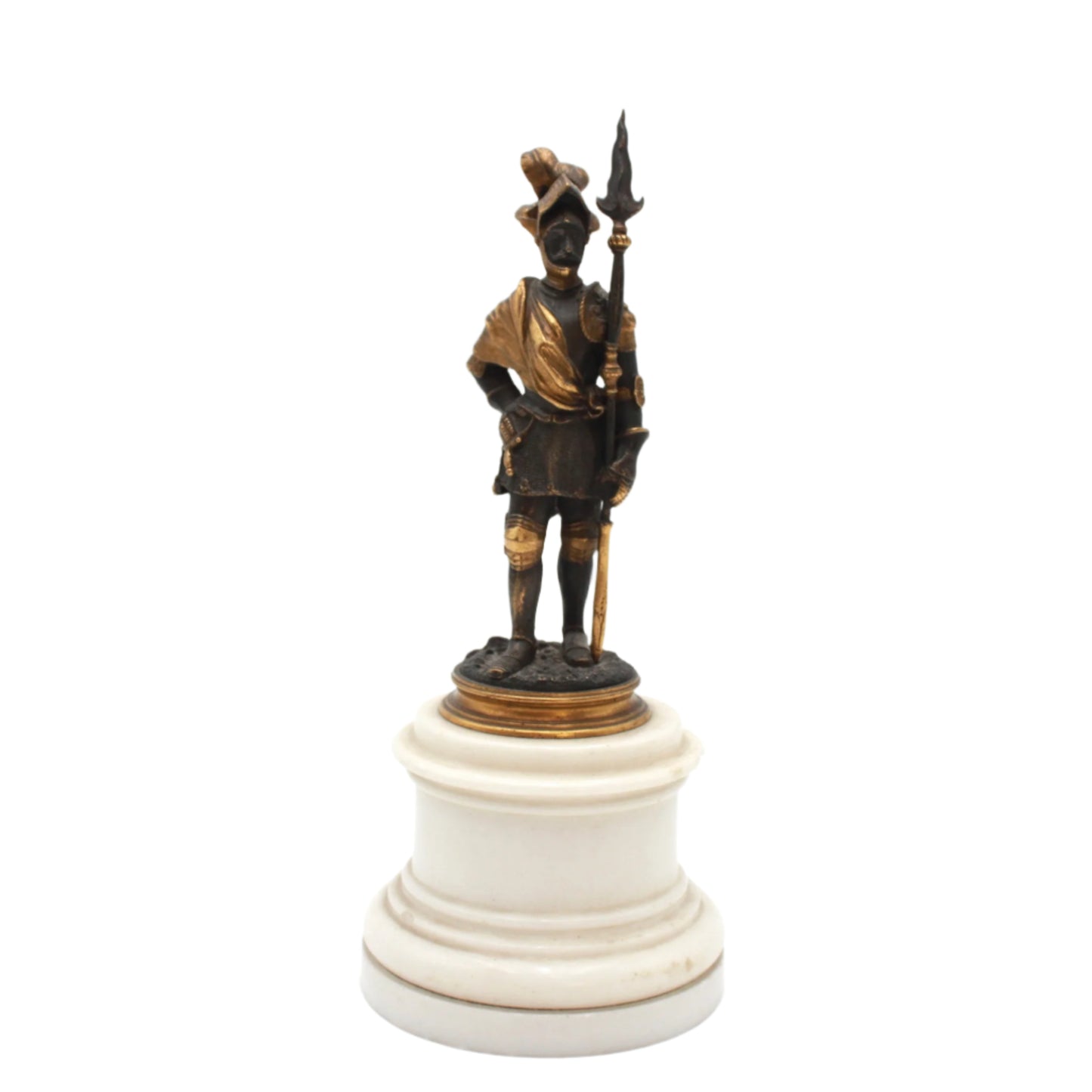 Antique French Bronze Renaissance Soldier Figure on Marble and Giltwood Base Circa 1880