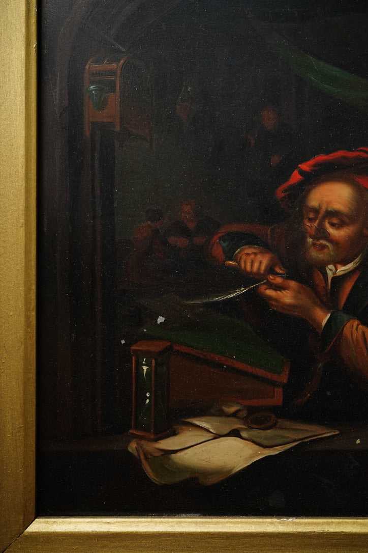 Antique Dutch Genre Oil on Metal Painting, “The Scholar” Pendant to “The Dentist”