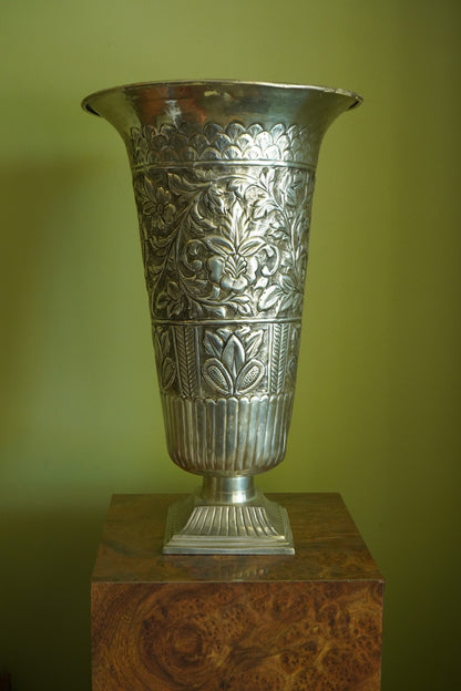 Large Pair of Vintage Silver Plated Repousse Urns