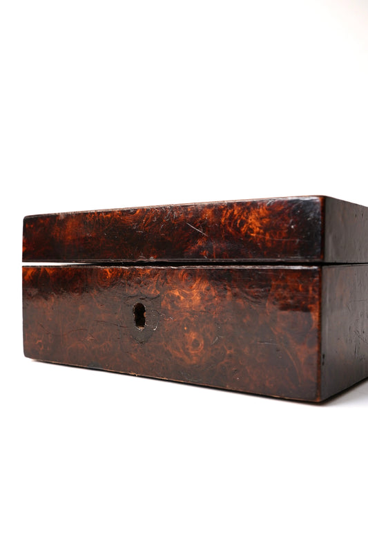 Miniature Antique English Burr Walnut Veneer Trinket Box with Blue Lining