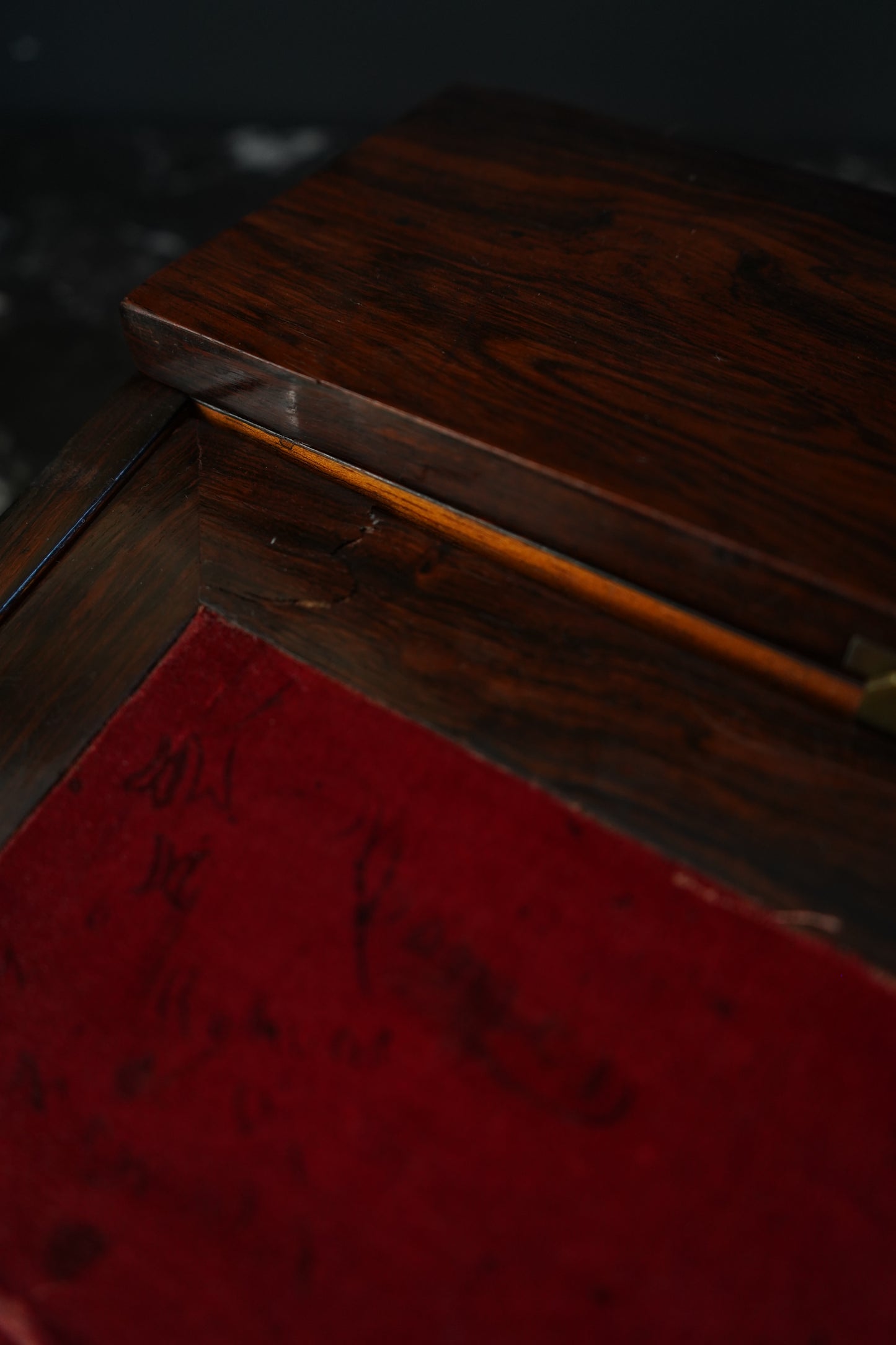 Antique Rosewood Writing Slope with Velvet Writing Surface and Inscriptions, Mid-19th Century