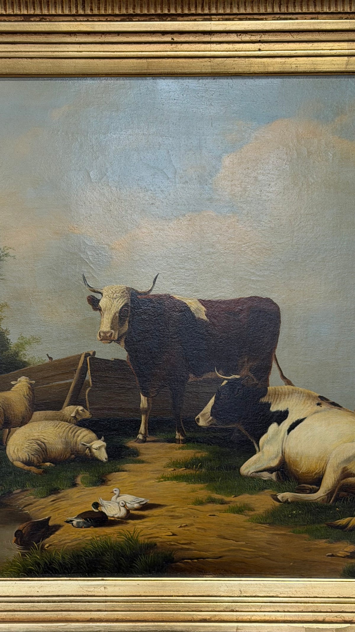 Antique Signed Dutch Oil Painting of Cows and Sheep in Meadow