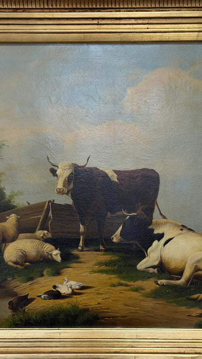 Antique Signed Dutch Oil Painting of Cows and Sheep in Meadow