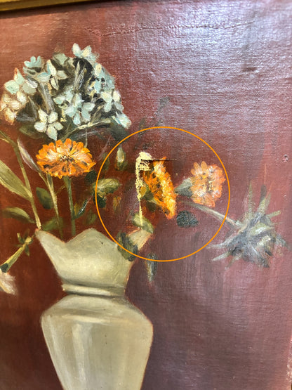Antique French Flower Oil Painting Still Life in Cream Vase *AS-IS*