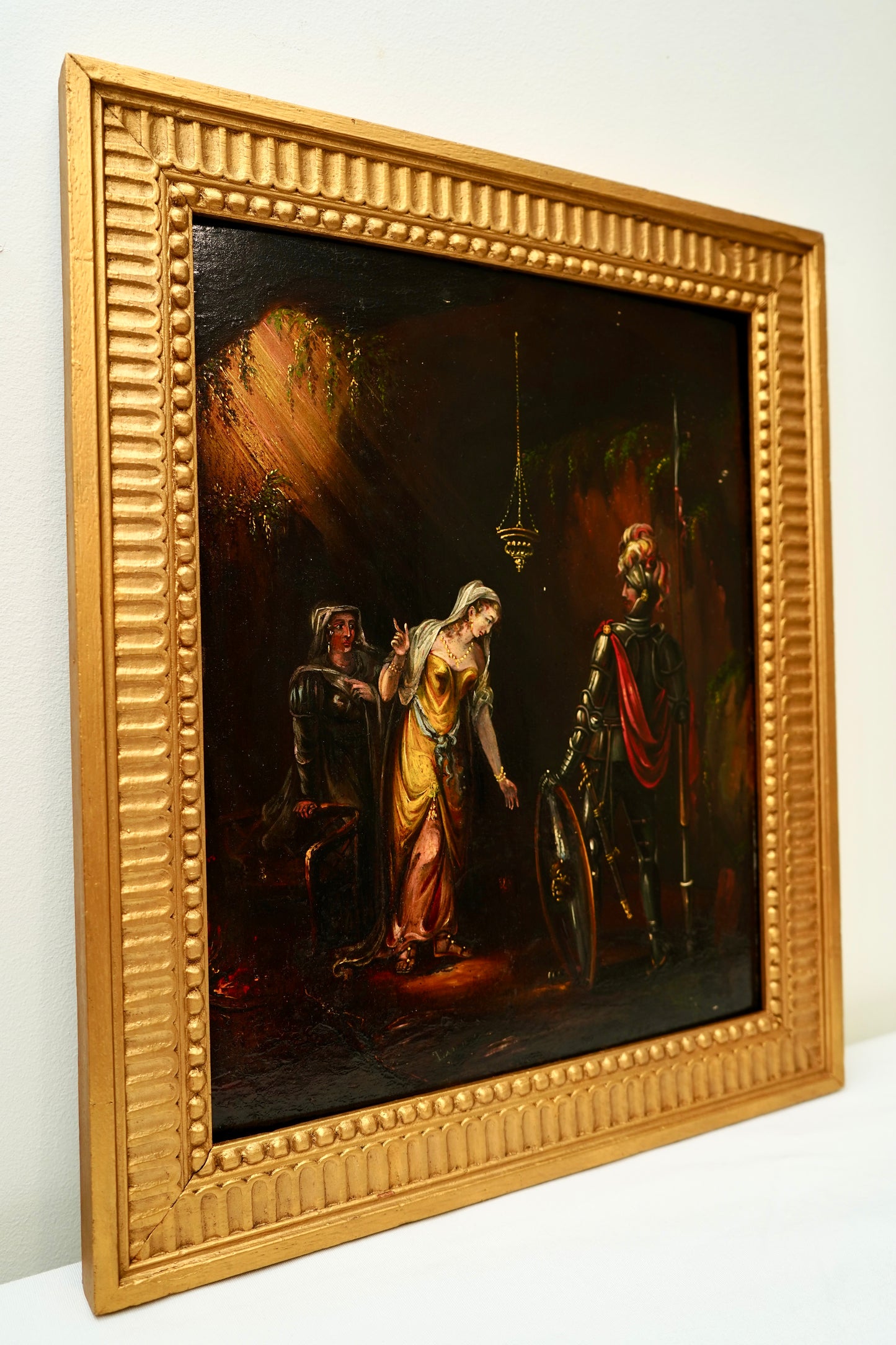 Antique Troubadour Style Chivalric Scene Oil Painting