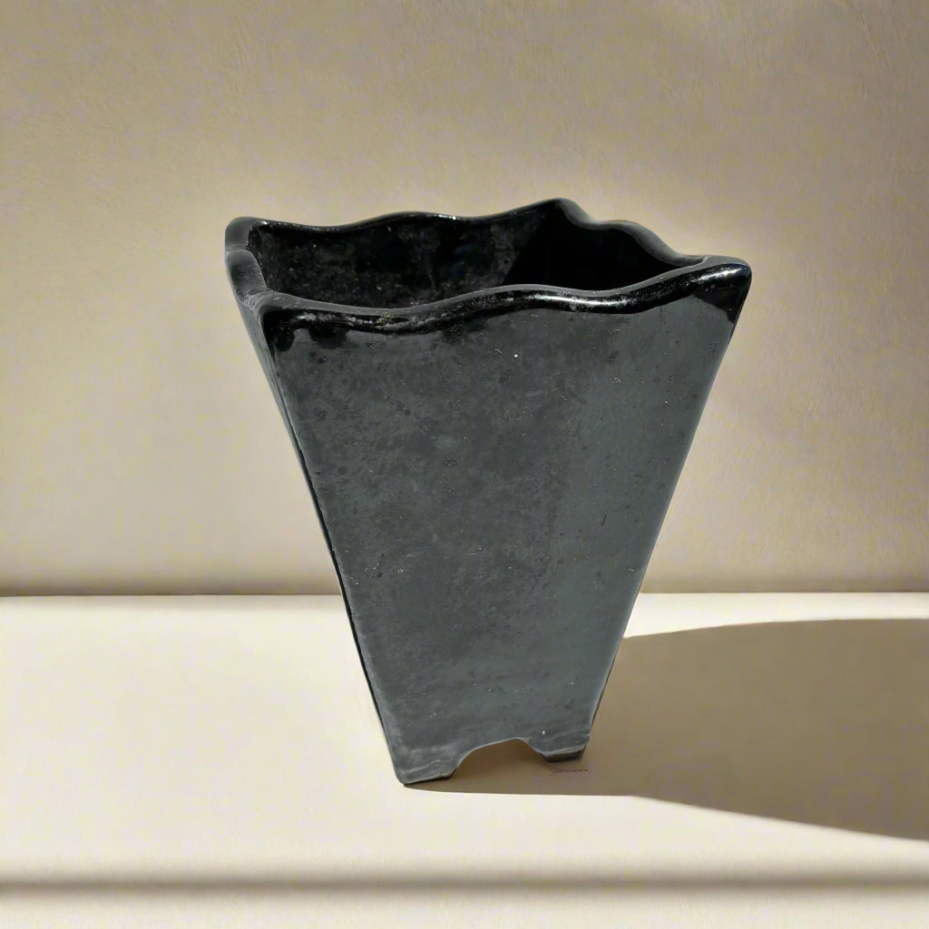 Mid-Century Japanese Black Tenmoku Glazed Terracotta Bonsai Pot | Wabi-Sabi Folk Craft Planter (8.75")