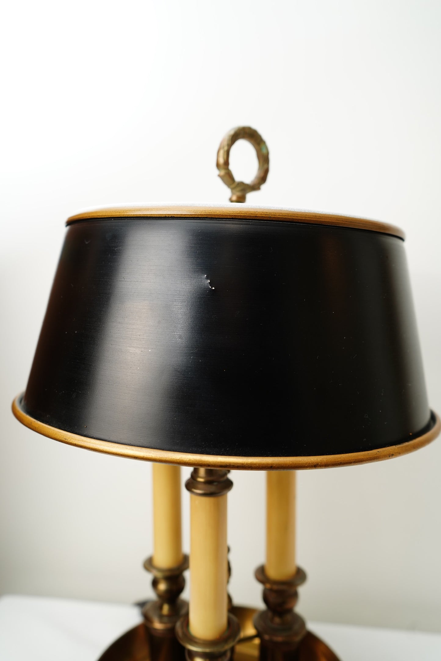 French Bouillotte-Style Three-Light Tole Shade Table Lamp, Black and Brass
