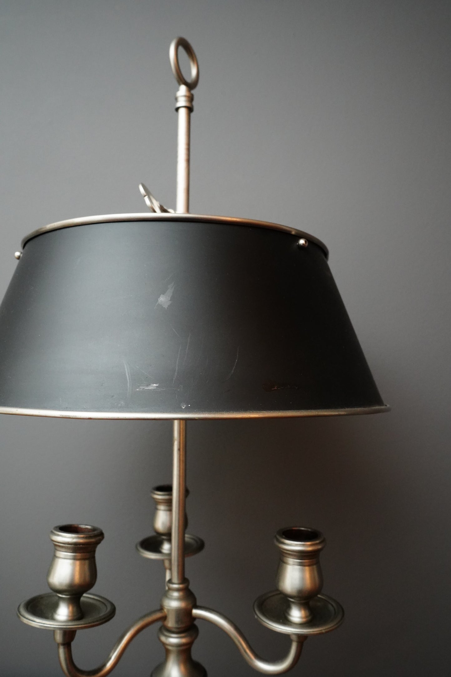 French Bouillotte Style Pewter-Toned Table Lamp with Adjustable Black Tole Shade